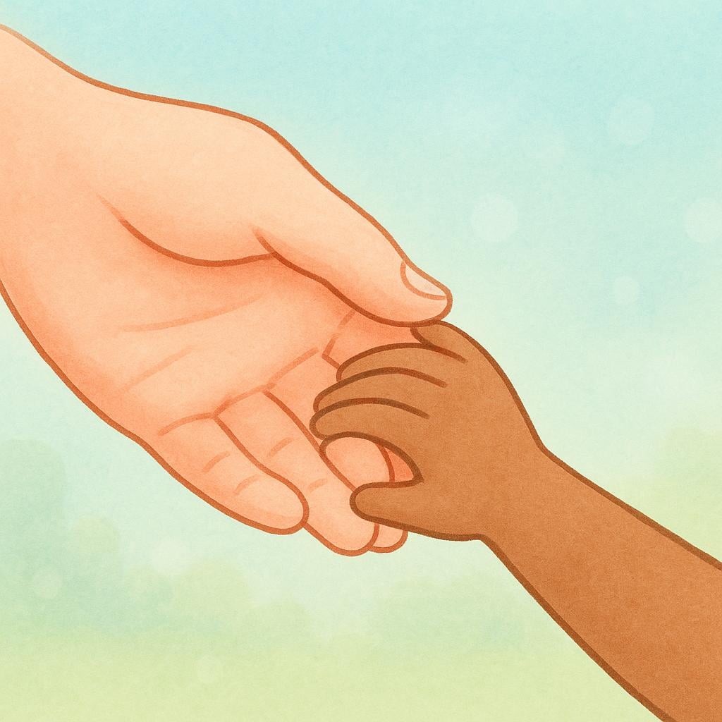 A large, supportive adult hand gently holding and lifting a small child's hand, symbolizing receiving social aid or assistance.