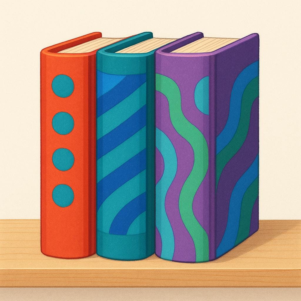 Three identical, thick books standing side-by-side on a wooden shelf, representing a series. The middle book is slightly separated from the others.