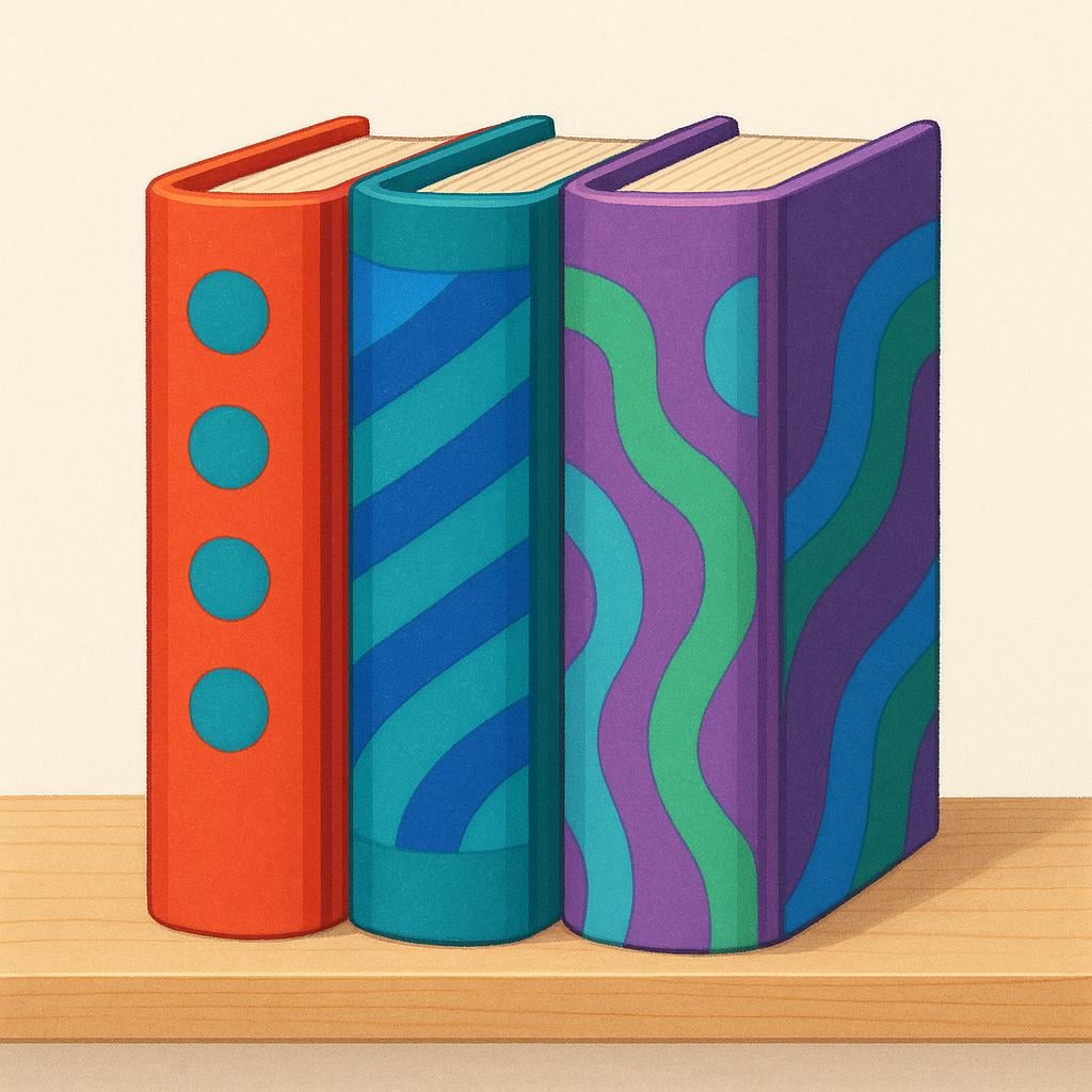 Three identical, thick books standing side-by-side on a wooden shelf, representing a series. The middle book is slightly separated from the others.