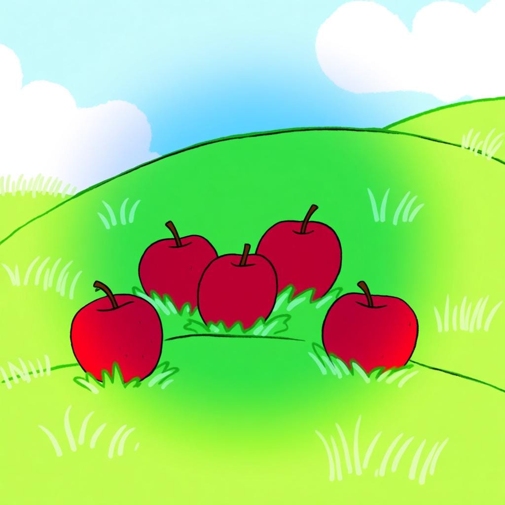 Una semplice illustrazione che mostra cinque mele rosse su una collina erbosa, che rappresenta il concetto di conteggio o quantità.