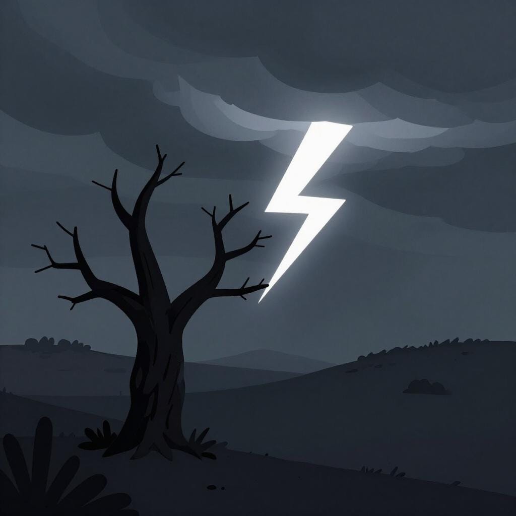 A dark, stormy sky with a single lightning bolt striking a withered, leafless tree.