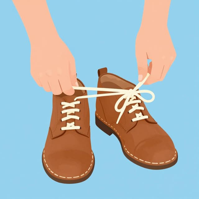 A close-up of a pair of brown leather shoes with the laces being tied into a neat bow.
