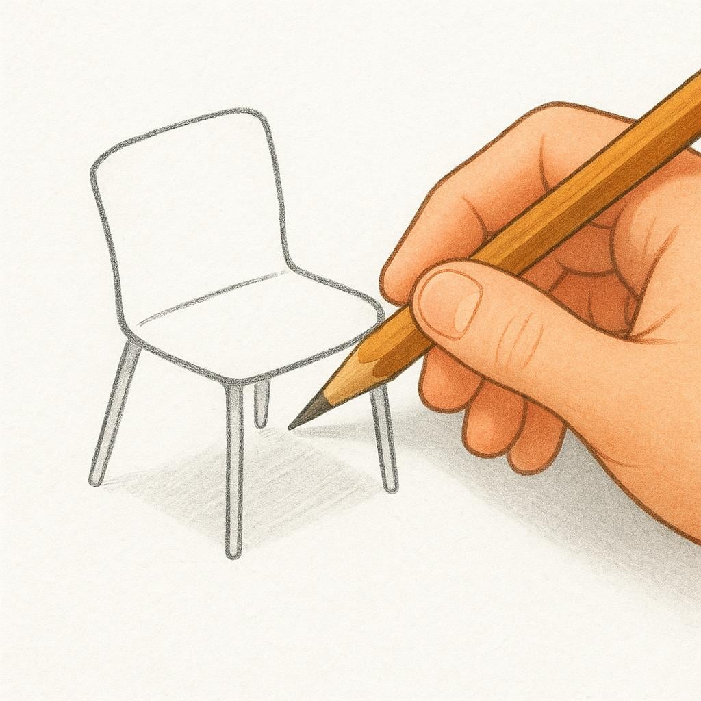 A close-up view of a hand sketching the outline of a modern, simple chair onto a piece of paper using a pencil.