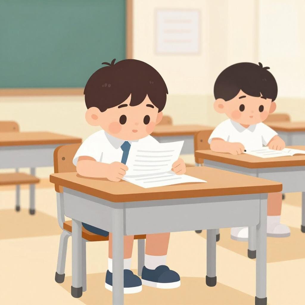 A student looking at another student's paper during a test in a classroom.