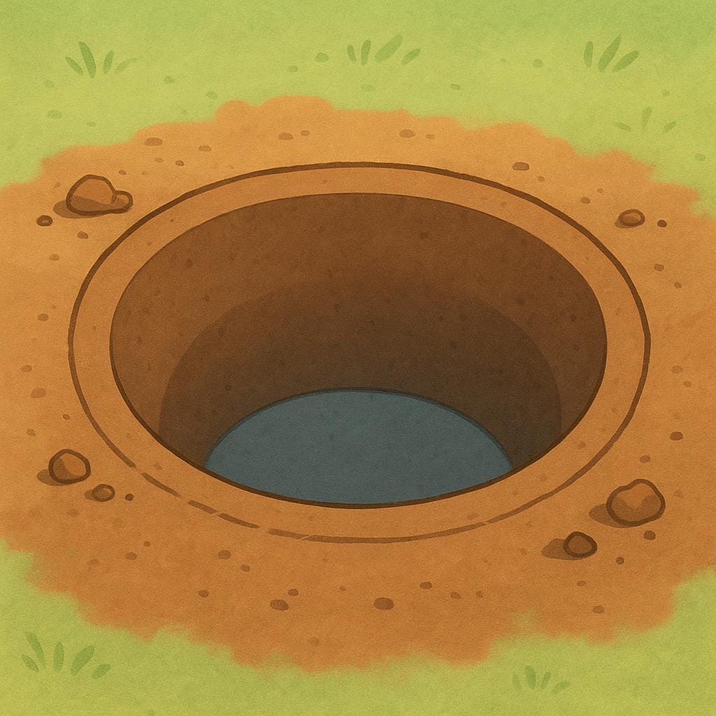 A simple, round indentation or pit dug into brown earth.
