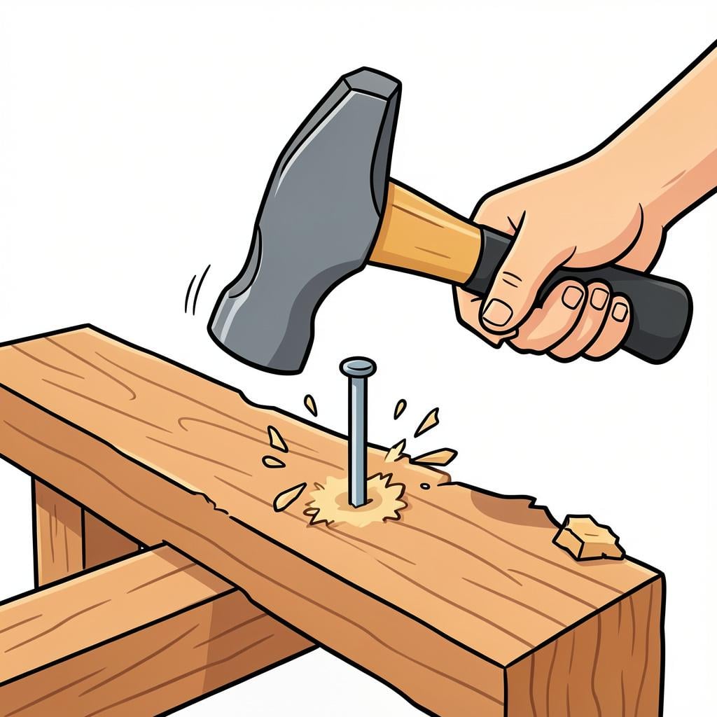 A person's hand holding a hammer, striking the head of a nail into a wooden board.