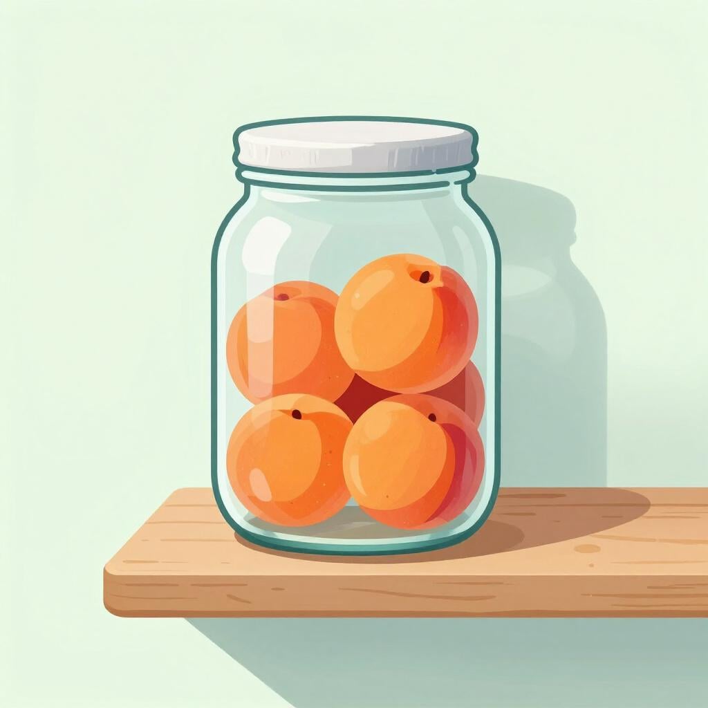 Un bocal en verre rempli de fruits conservés colorés posé sur une étagère en bois propre.