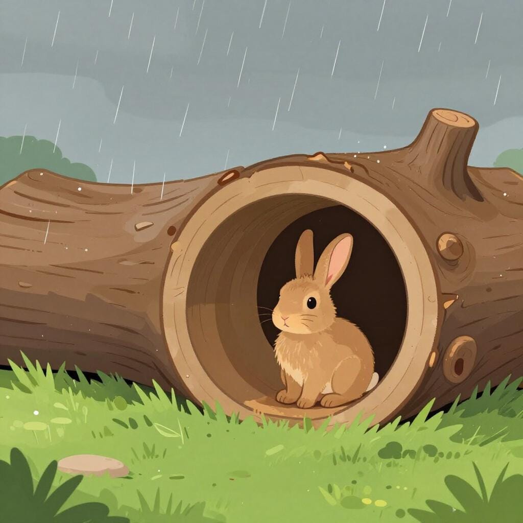 Een klein konijn dat veilig zit in een holle houten stam terwijl het buiten regent.