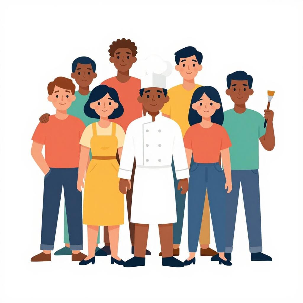 A diverse group of quirky people standing together, such as a chef, a painter, and a musician.