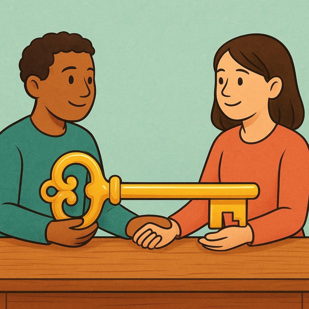 A man and a woman sitting across a desk from each other, smiling, with both of their hands placed on a single large, stylized golden key, symbolizing shared ownership in a venture.