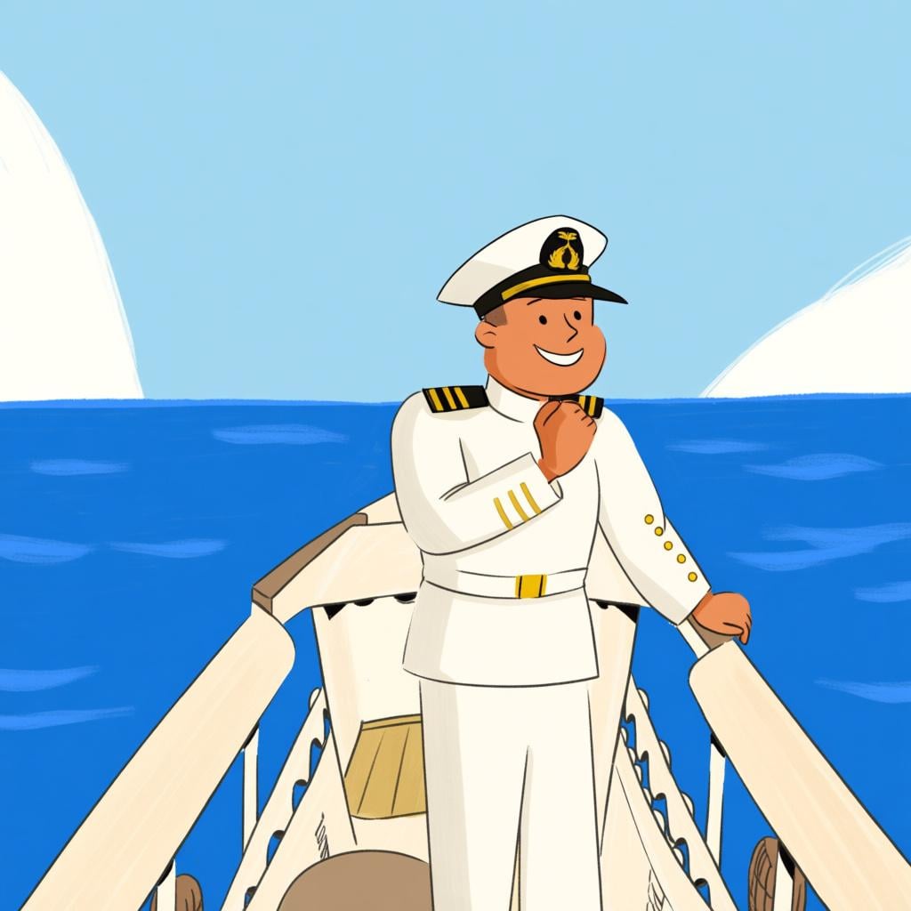 A man in a formal white naval captain's uniform and hat, standing on a ship deck and looking out at the blue ocean.