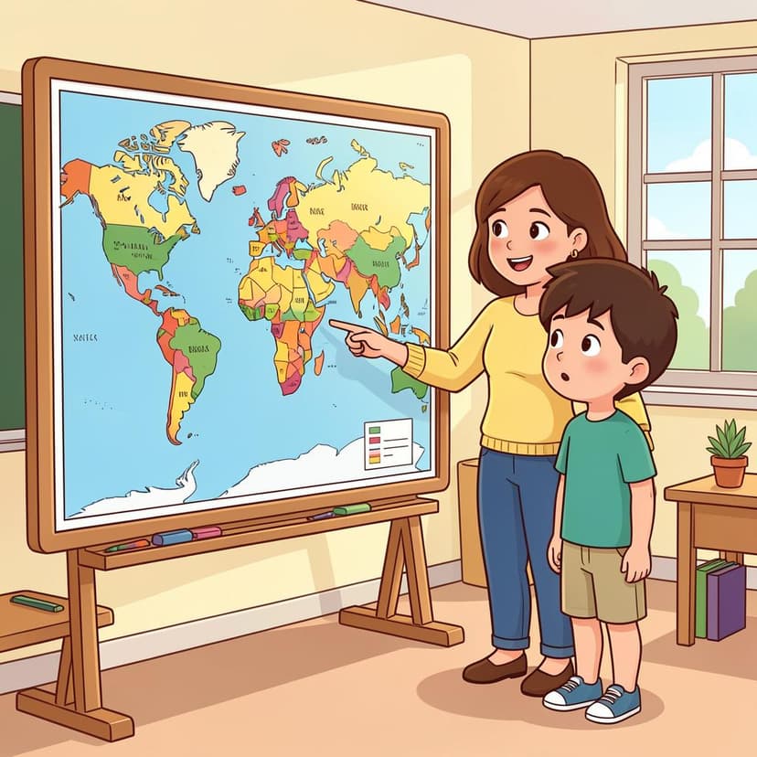 A friendly teacher pointing to a colorful map while a student listens attentively.