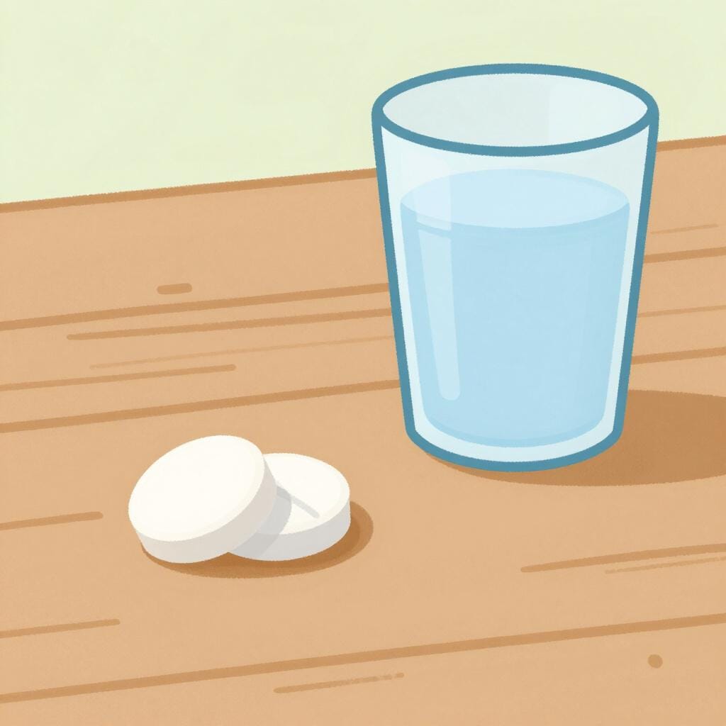 Een glas water en een enkele pil op een houten tafel naast een kleine, verwelkte bloem.