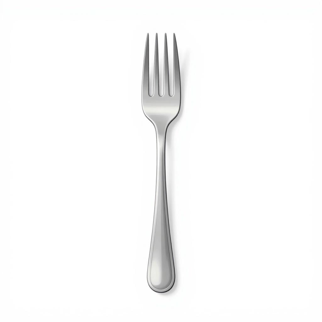 A shiny silver four-pronged fork lying on a clean white surface.