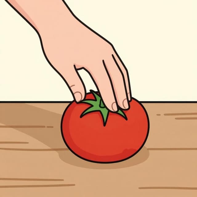 A hand pressing down on a ripe red tomato, causing it to flatten and burst.