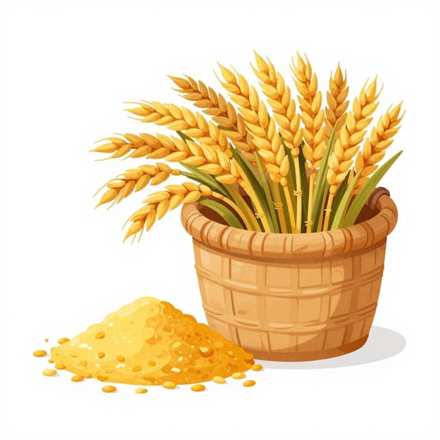 A small pile of golden grain next to a large, overflowing basket of wheat stalks.