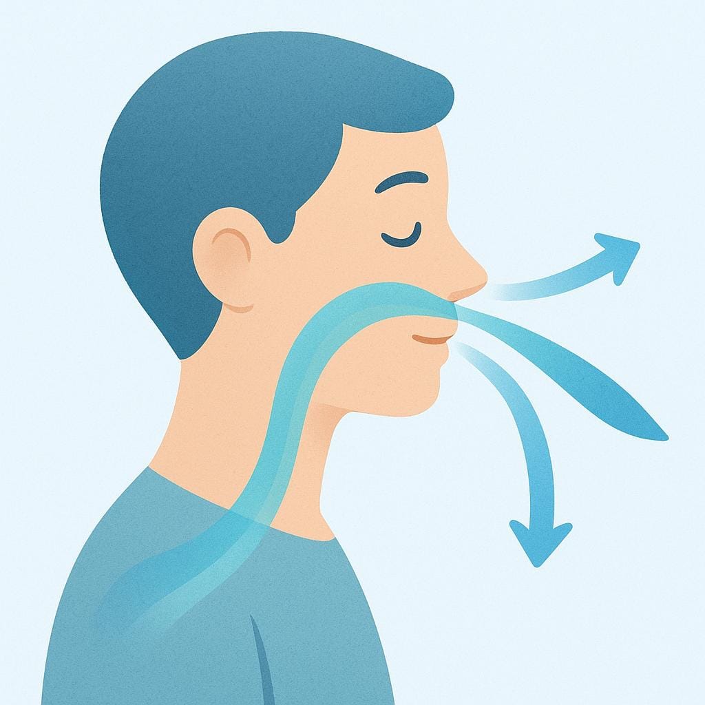 A simple stylized profile of a person showing a visible stream of air flowing in and out of their nose and mouth, symbolizing natural breathing.
