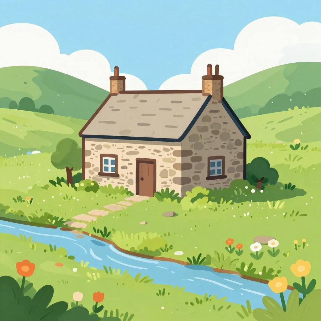 A charming stone cottage with a thatched roof nestled in a lush green valley with a small winding stream and blooming flowers.
