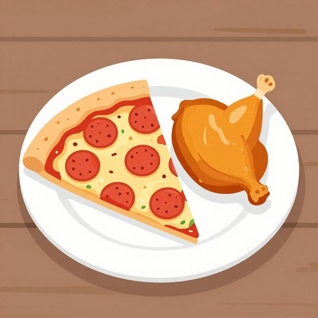 A plate featuring a hot slice of pizza and a roasted chicken leg.