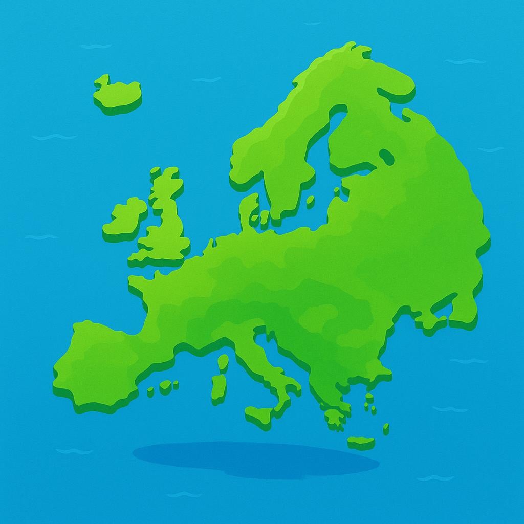 A simplified, green, stylized representation of the continent of Europe floating prominently on a bright blue ocean.