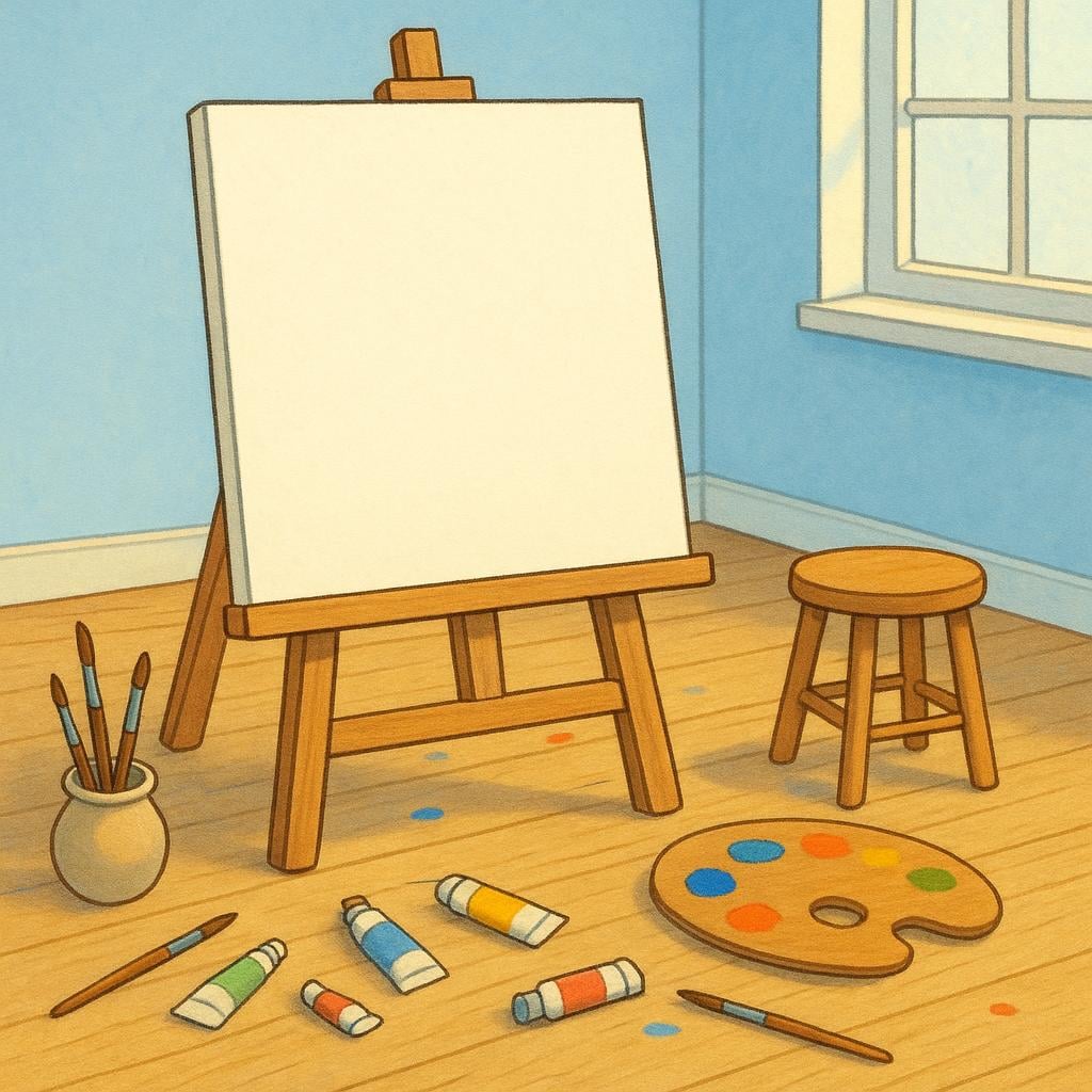 An empty art studio room featuring a large easel with a colorful canvas, paint tubes, and brushes scattered on a wooden floor.