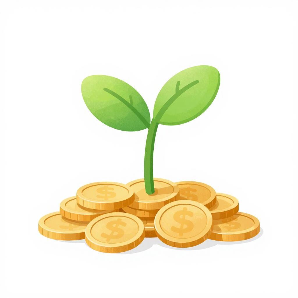 A small green plant growing out of a pile of gold coins.
