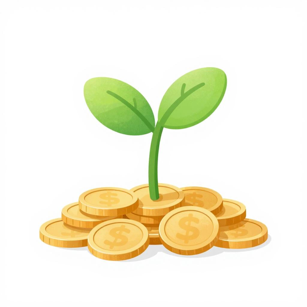 A small green plant growing out of a pile of gold coins.