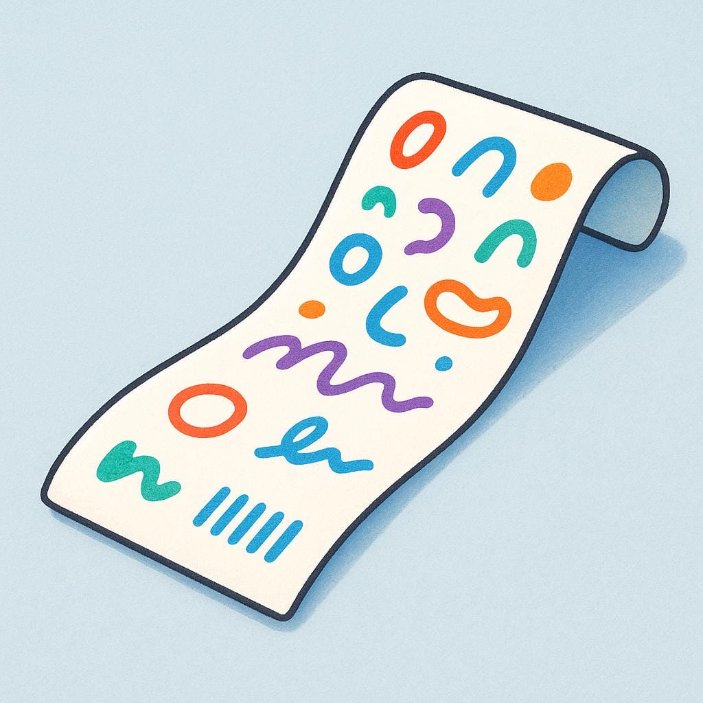 A single, long, white piece of paper with abstract colorful marks on it, symbolizing a receipt or proof of purchase, lying on a flat surface.