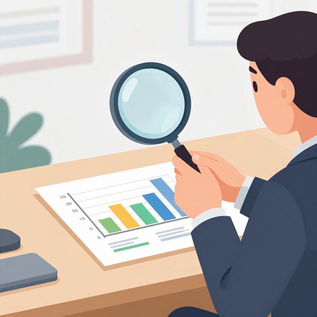 Een persoon in een professioneel pak die aandachtig kijkt naar een vergrootglas boven een staafdiagram.