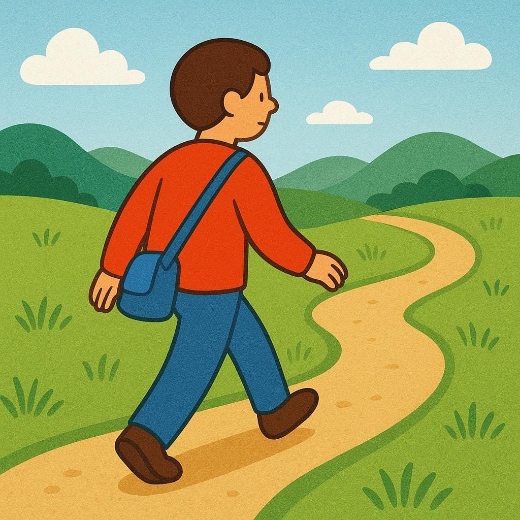 Uma figura solitária vestindo uma camisa vermelha dá o primeiro passo em um longo e sinuoso caminho de terra que desaparece em colinas verdes e onduladas ao longe.