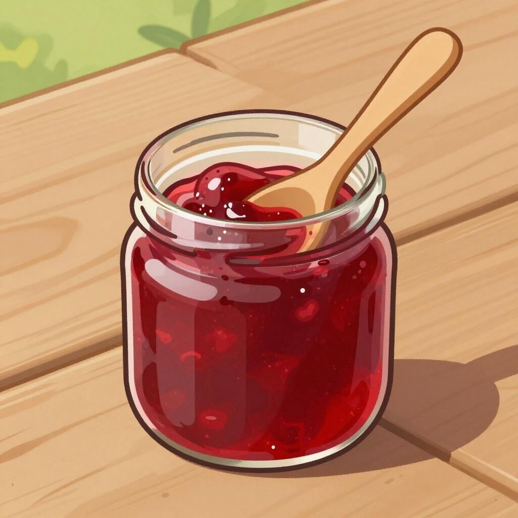 A glass jar filled with red strawberry jam and a small spoon resting inside.