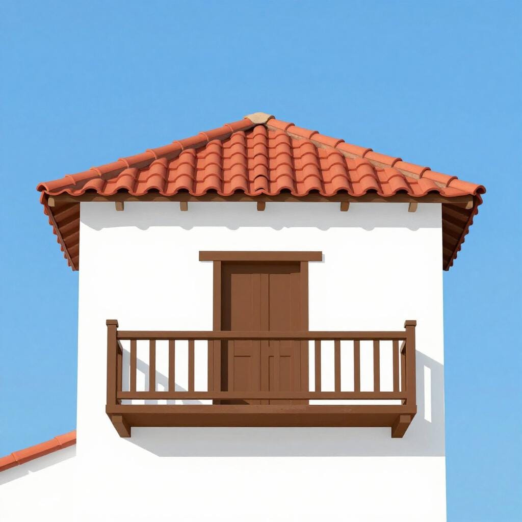 A traditional white house with a red tiled roof and a wooden balcony, typical of Canary Island architecture.