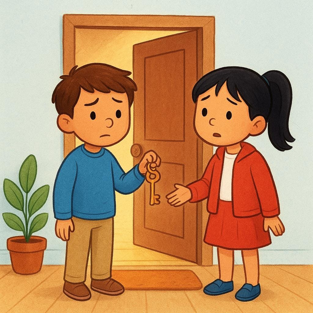 Duas figuras de desenho animado com cores vivas tentando destrancar uma porta já aberta com uma chave de cabeça para baixo, ilustrando a falta de senso.