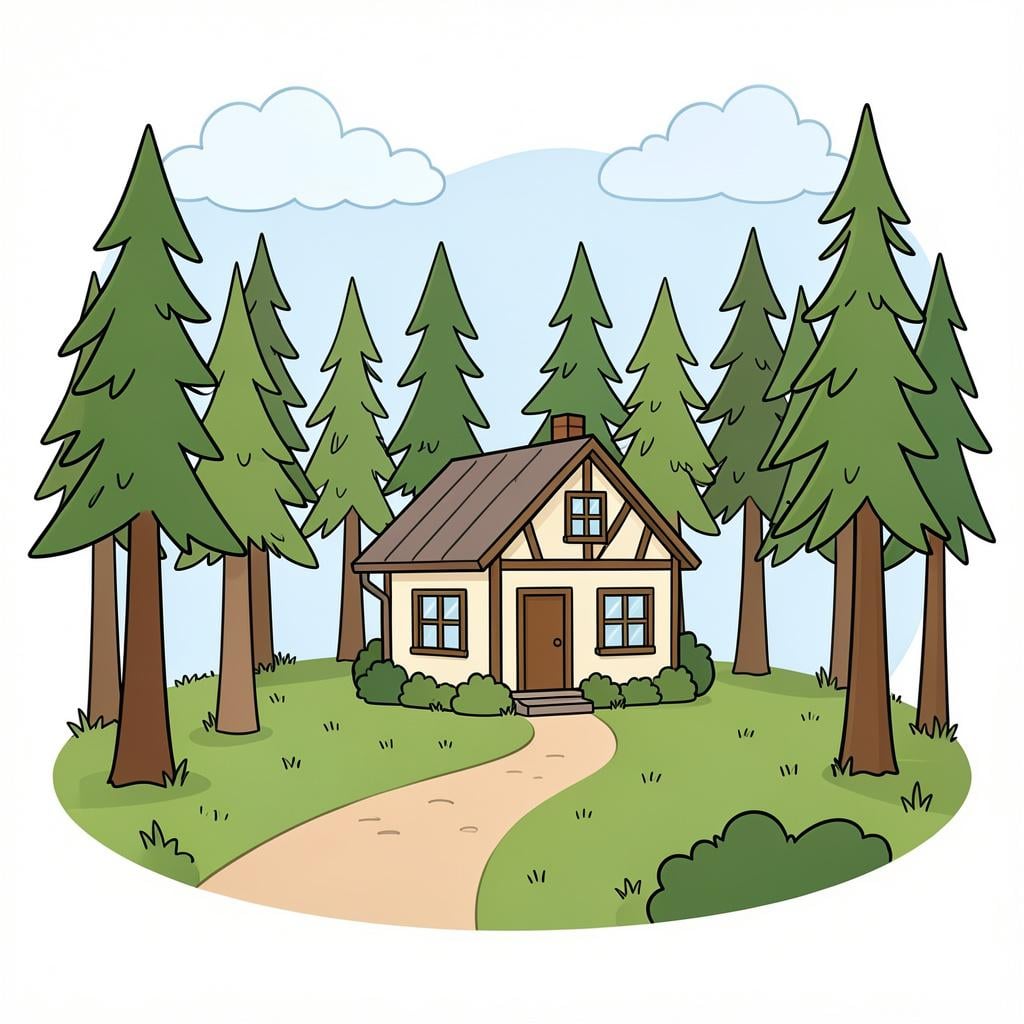A small red house surrounded by a circle of green trees.