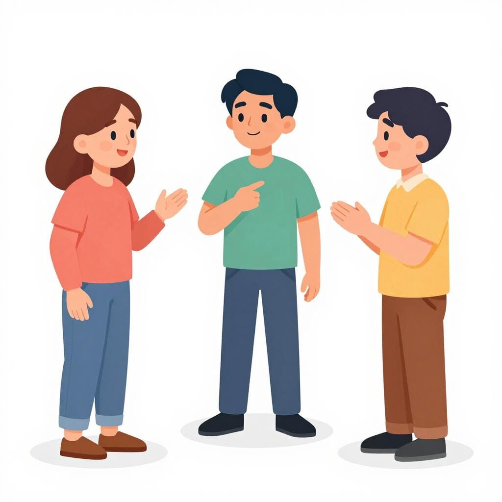 Zwei Personen, die verschiedene Sprachen sprechen, mit einer dritten Person in der Mitte, die ihre Konversation erleichtert.