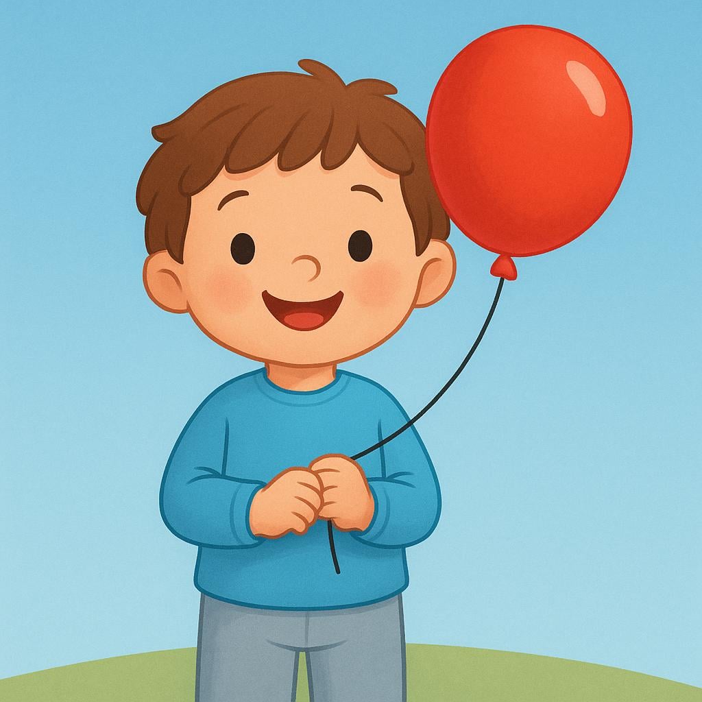 A child smiling broadly while holding a bright red balloon they just received.