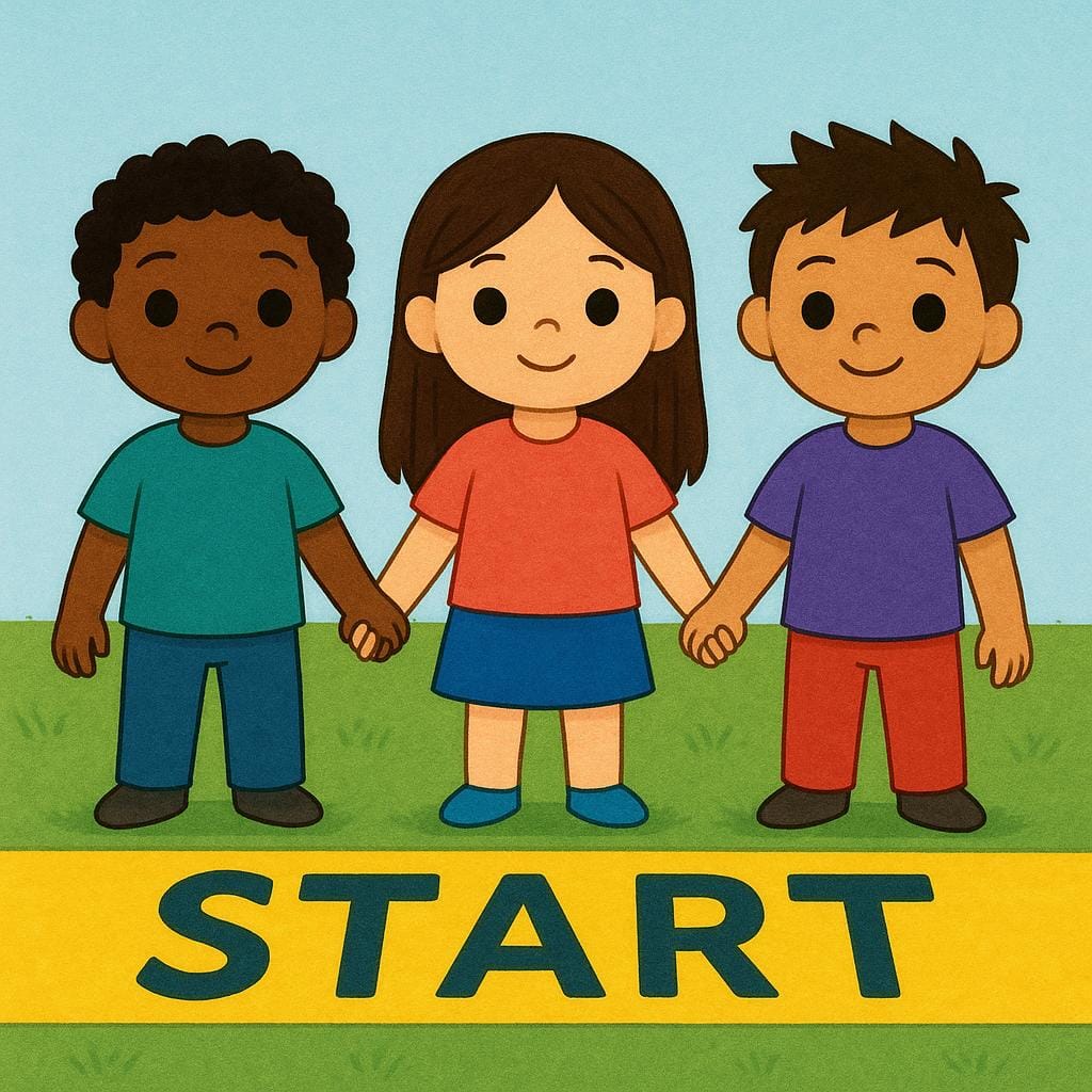 A simple storybook illustration showing three stylized figures standing shoulder-to-shoulder just behind a bright yellow starting line marked on a grassy field, indicating that they are about to begin an activity.