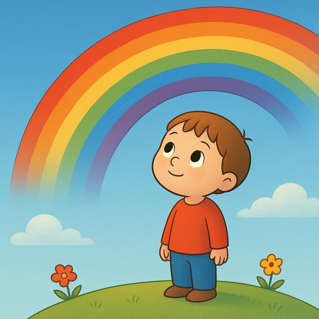 A simple illustration of a stylized person standing on a small hill, looking up intently at a large, vibrant rainbow arching across the blue sky.