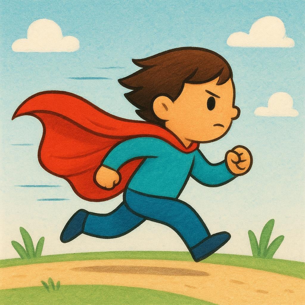 A simplified figure wearing a red cape running quickly and purposefully forward, symbolizing taking decisive action or intervening.