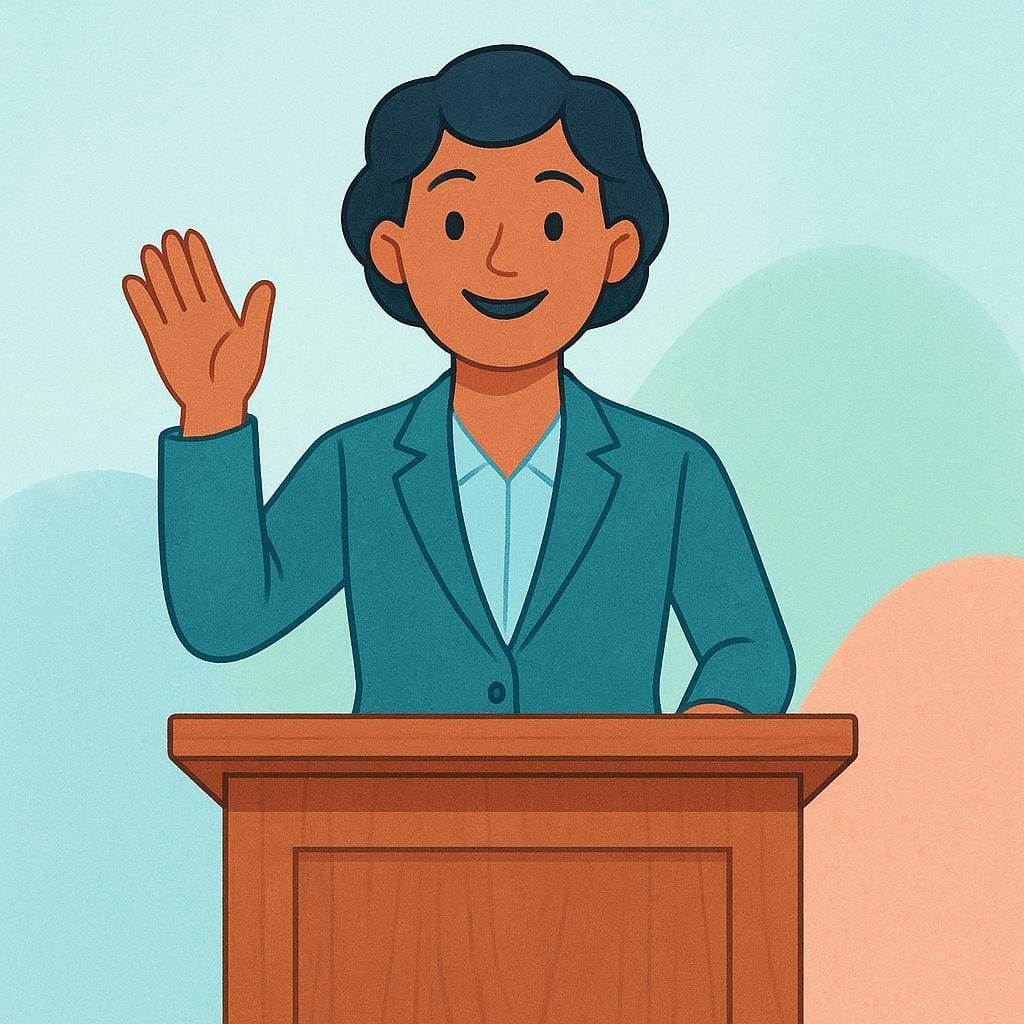 A smiling person in professional clothing stands behind a wooden podium, waving to an unseen audience, symbolizing a candidate running for office.