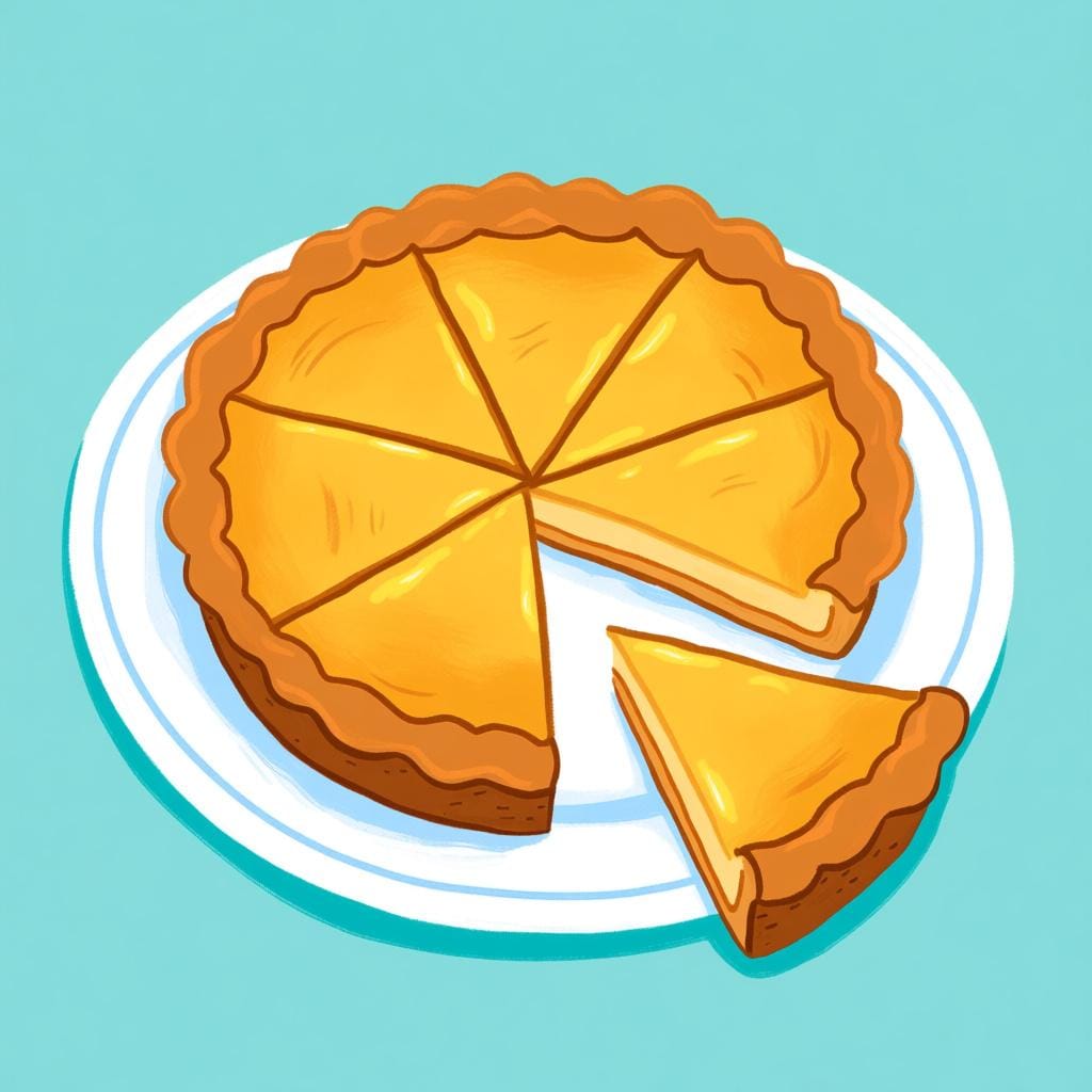 A round, colorful pie that has been perfectly sliced into four equal pieces, with one slice slightly pulled away from the main pie.