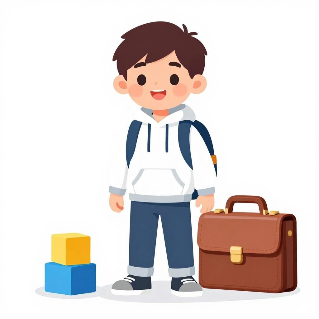 Un adolescent avec un sac à dos, debout entre un jouet d'enfant et une mallette professionnelle, représentant la transition de l'adolescence.