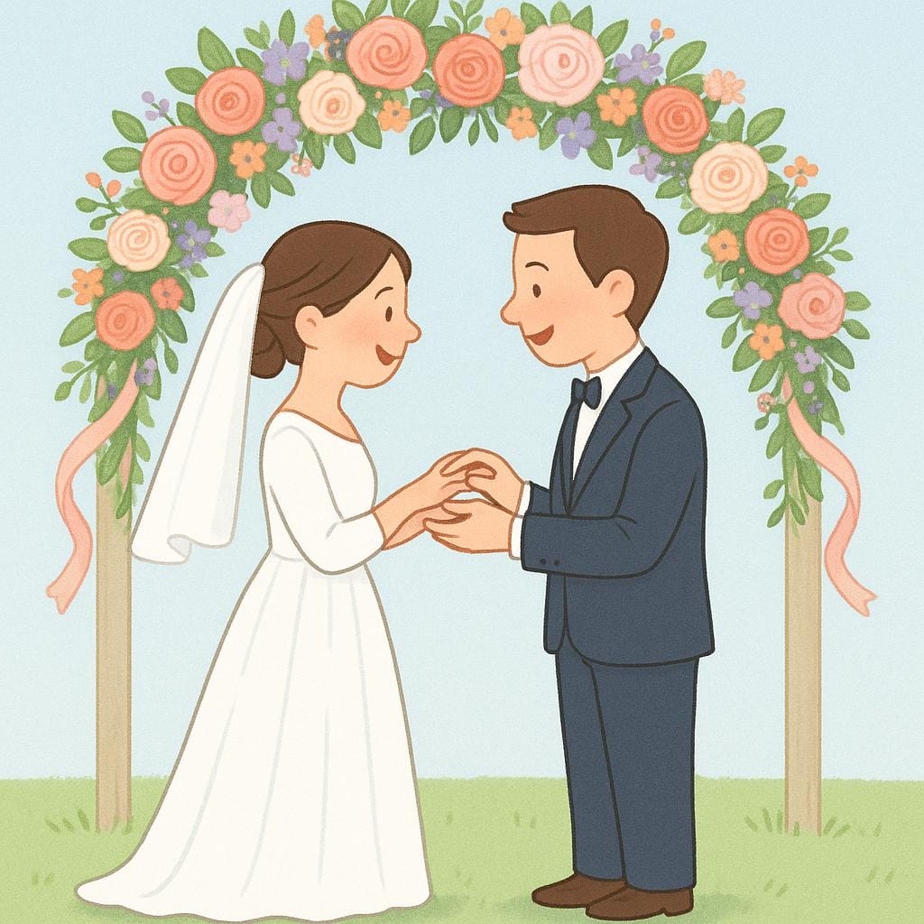 Una coppia gioiosa, una sposa e uno sposo, in piedi sotto un arco decorativo e scambiandosi gli anelli nuziali.