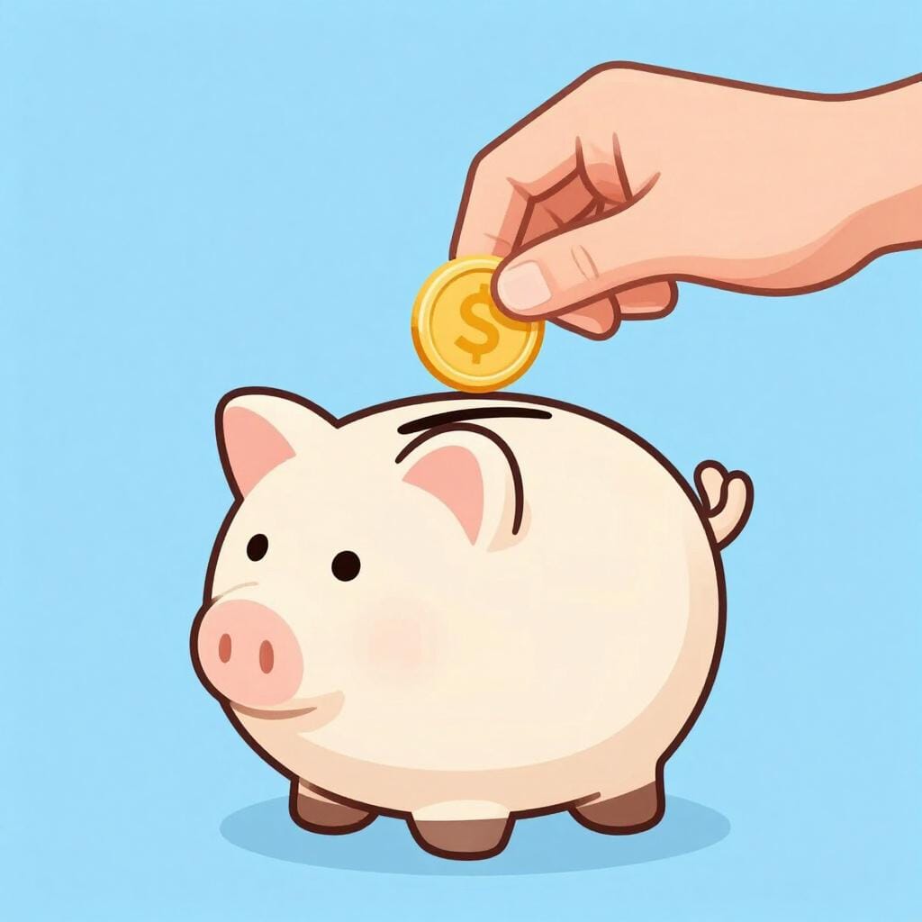A hand placing a final coin into a large ceramic piggy bank to signify settling a debt.