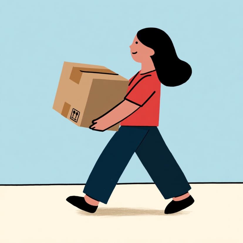 A woman walking, carrying a large, heavy cardboard moving box in her arms across a sunny room.