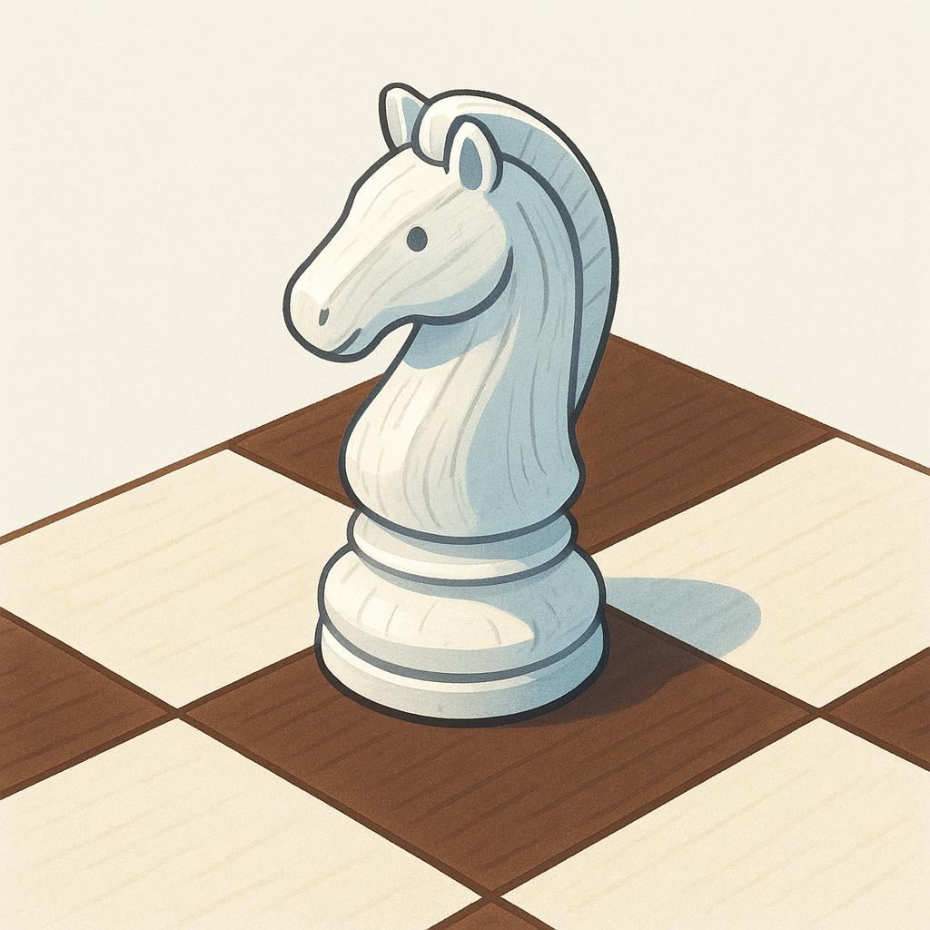 A stylized white, carved wooden knight chess piece resting on a dark square of a chessboard.