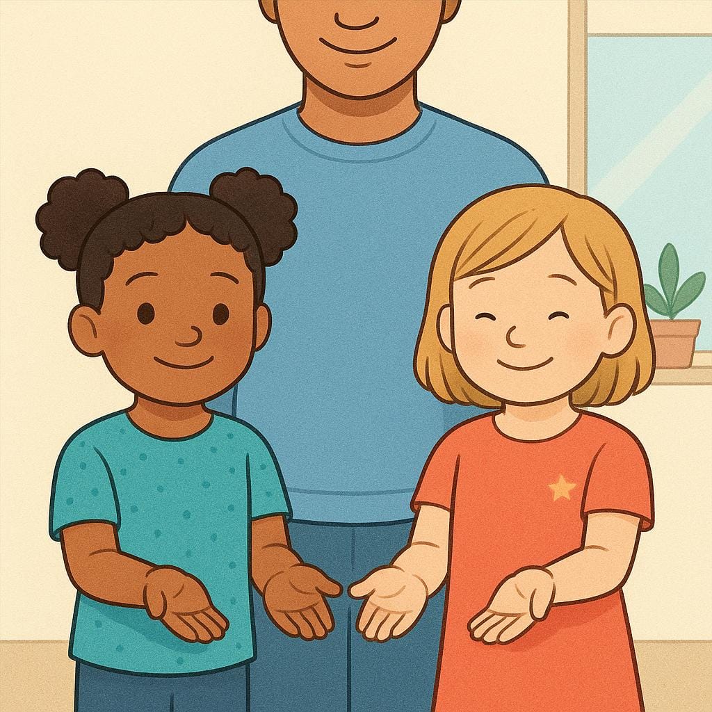 Two children standing politely in front of an adult, holding their hands out slightly to ask for something.
