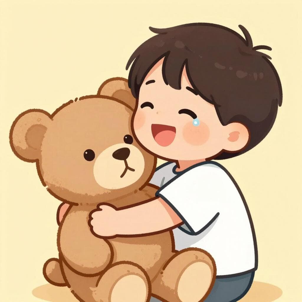 Een kind dat een grote, pluizige teddybeer omhelst met een klein vreugdetraantje op de wang.