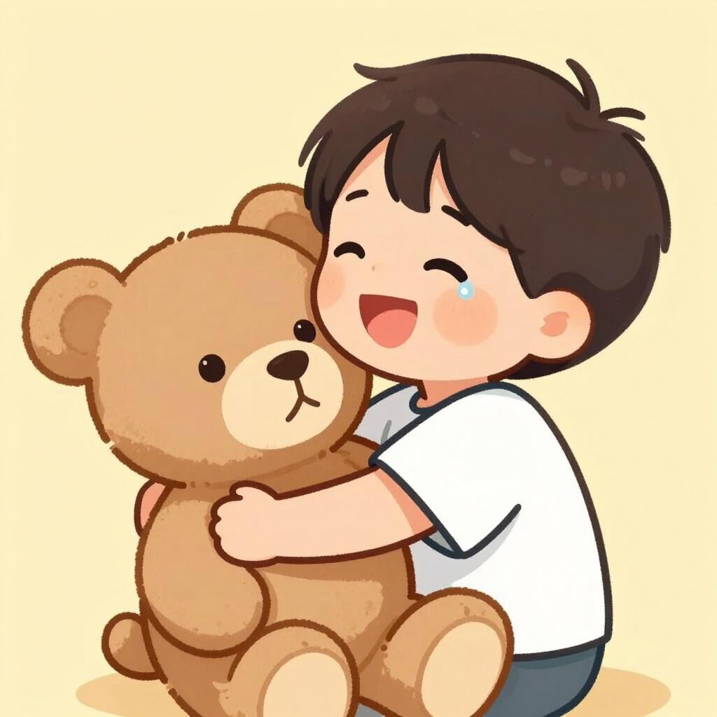 Ein Kind umarmt einen großen, flauschigen Teddybären mit einer kleinen Freudenträne auf der Wange.