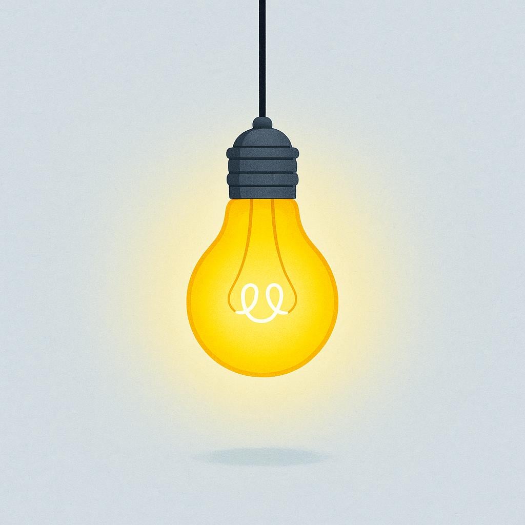 A bright, glowing yellow light bulb hanging from a cord against a dark background, indicating it is illuminated.